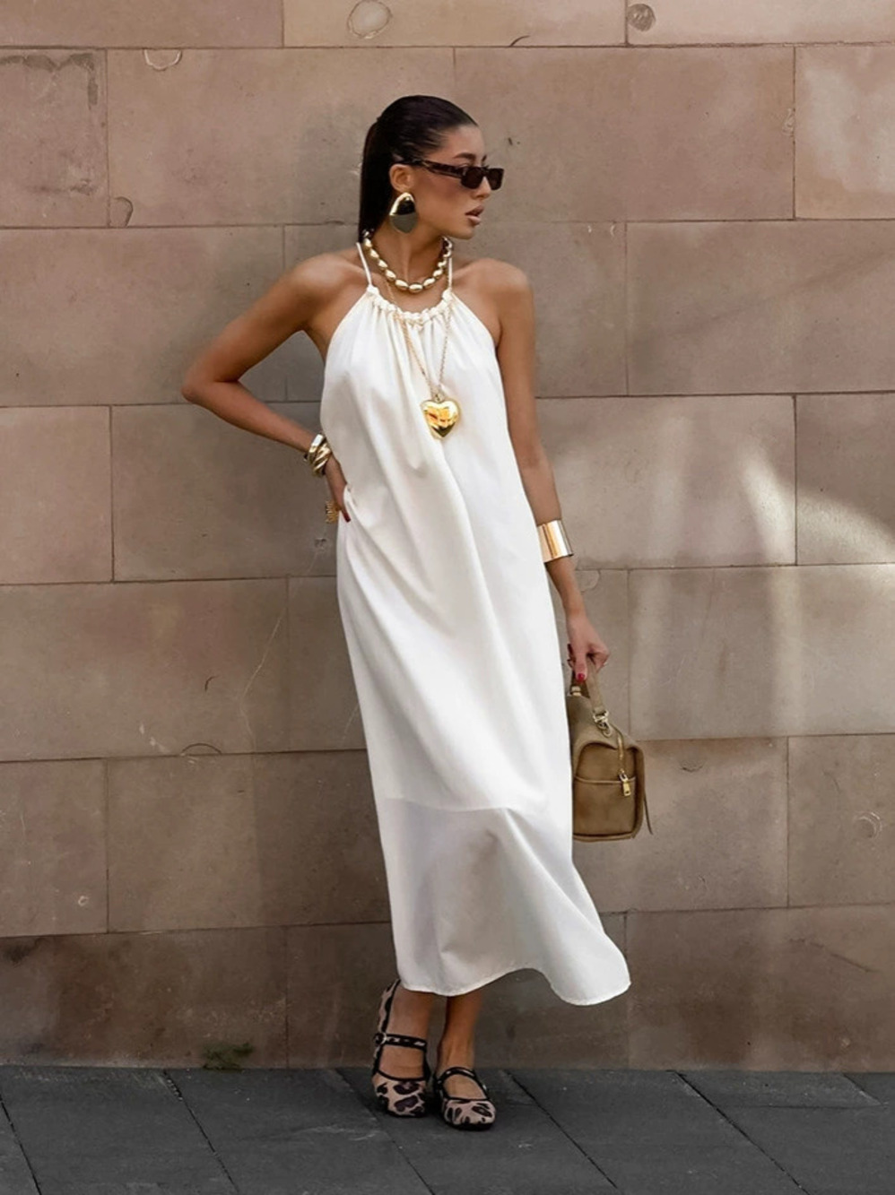 Forever 21 Summer Vacation White Halter Neck Loose Long Dress